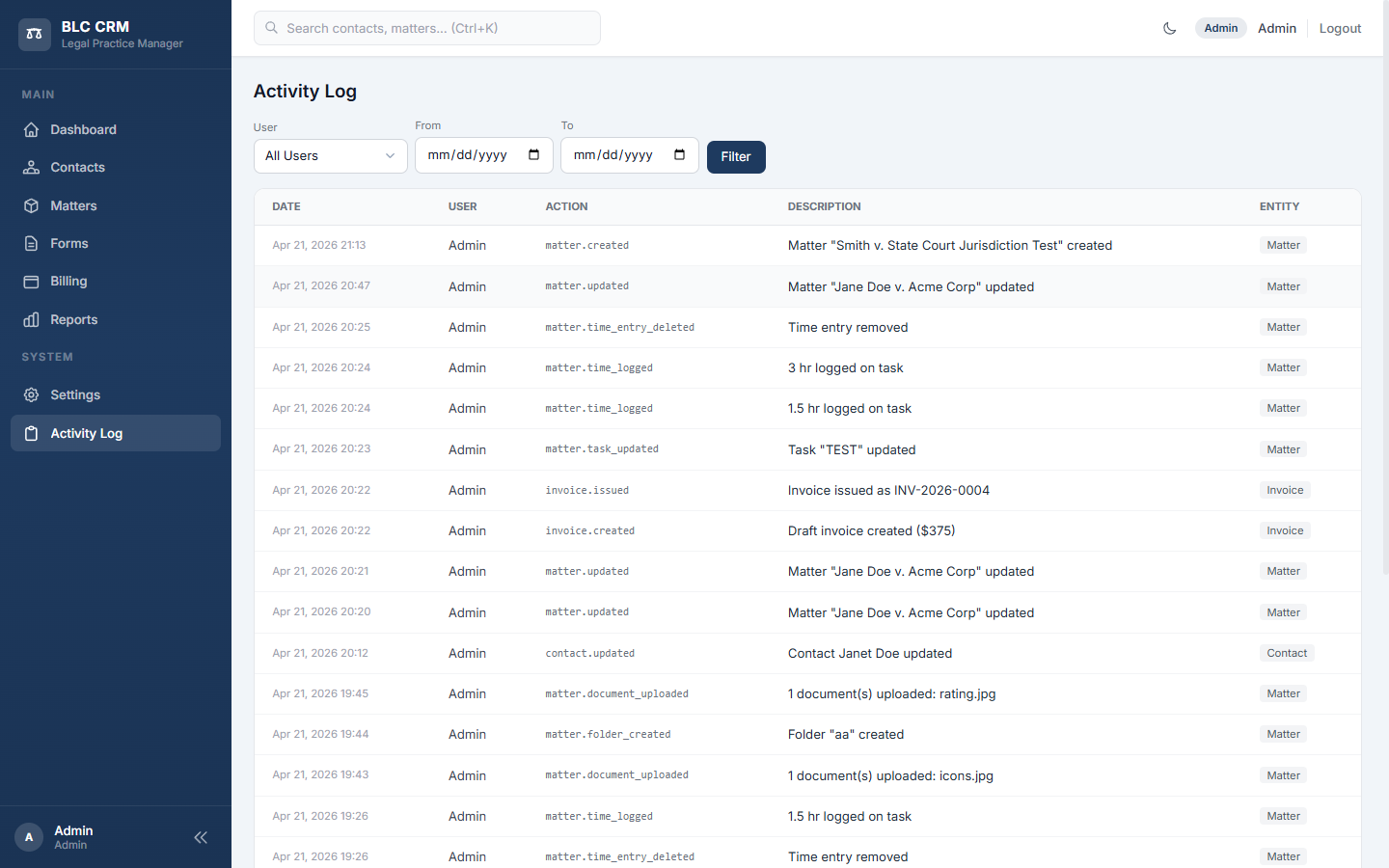 Activity Log showing a chronological table of actions with filter controls