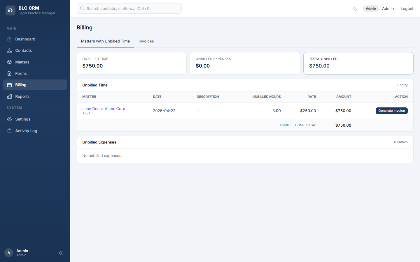 Billing dashboard showing unbilled time totals and the Generate Invoice action