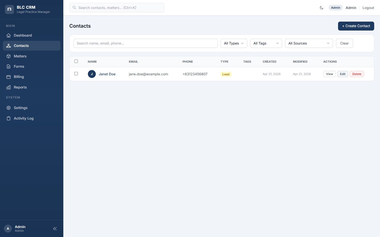 Contacts list view with search and filter controls