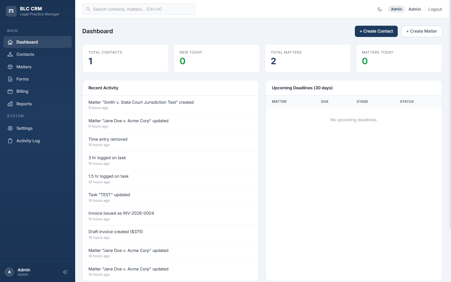 BLC CRM Dashboard showing key metrics, recent activity, and upcoming deadlines