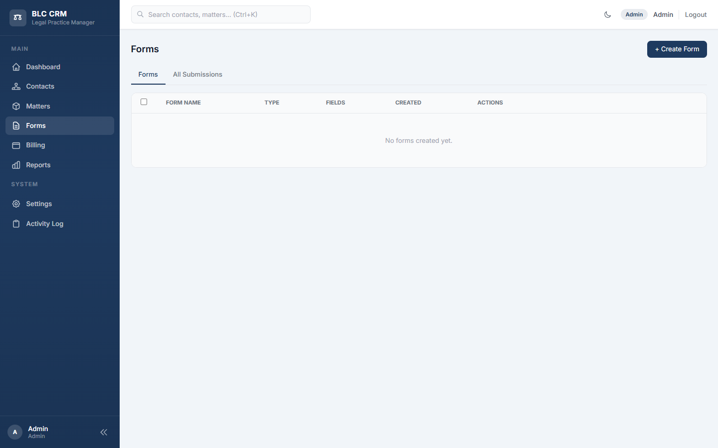 Forms area showing the Forms tab and All Submissions tab