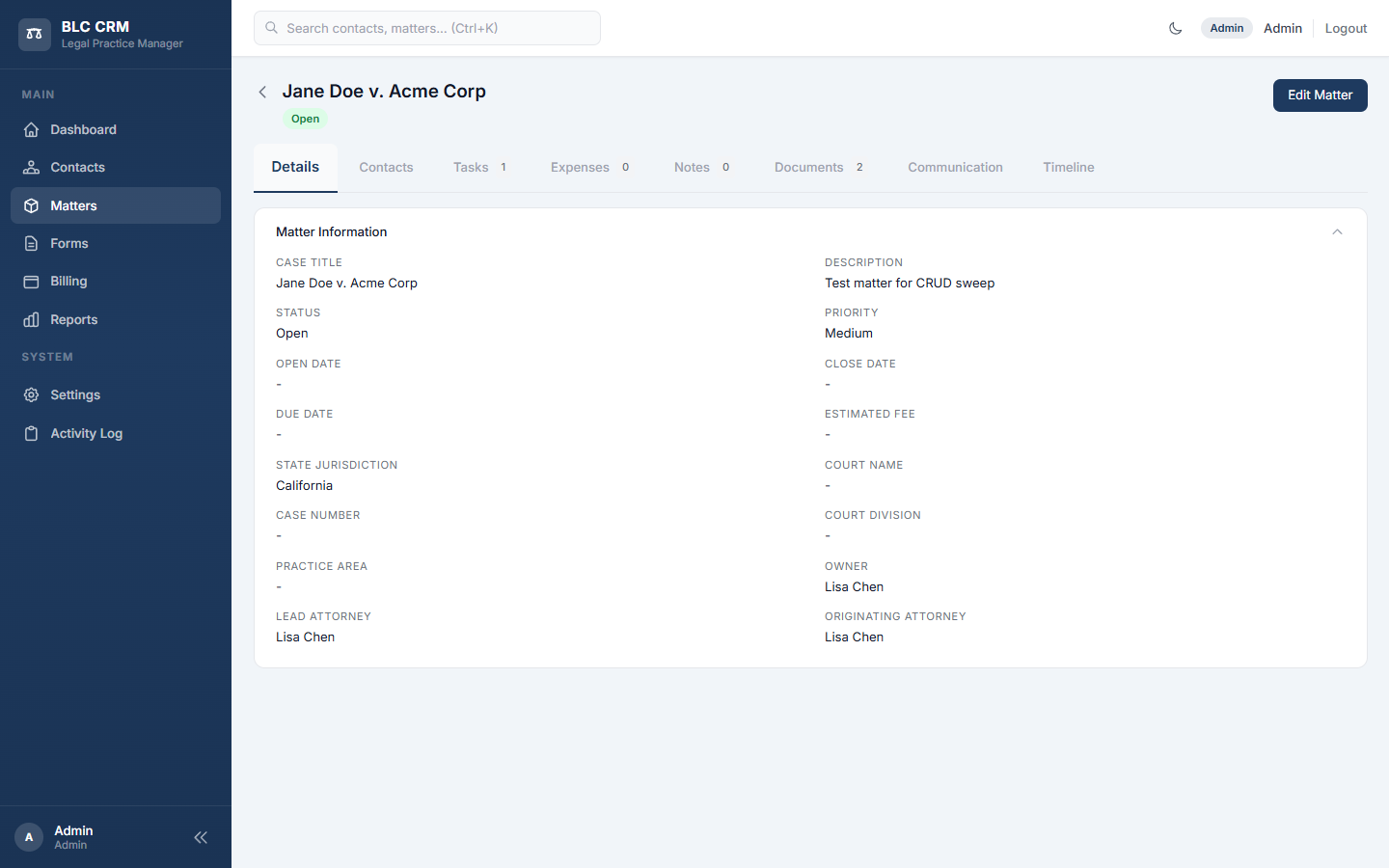 Matter workspace showing tabbed view with Details, Contacts, Tasks, Expenses, Notes, Documents, Communication, and Timeline