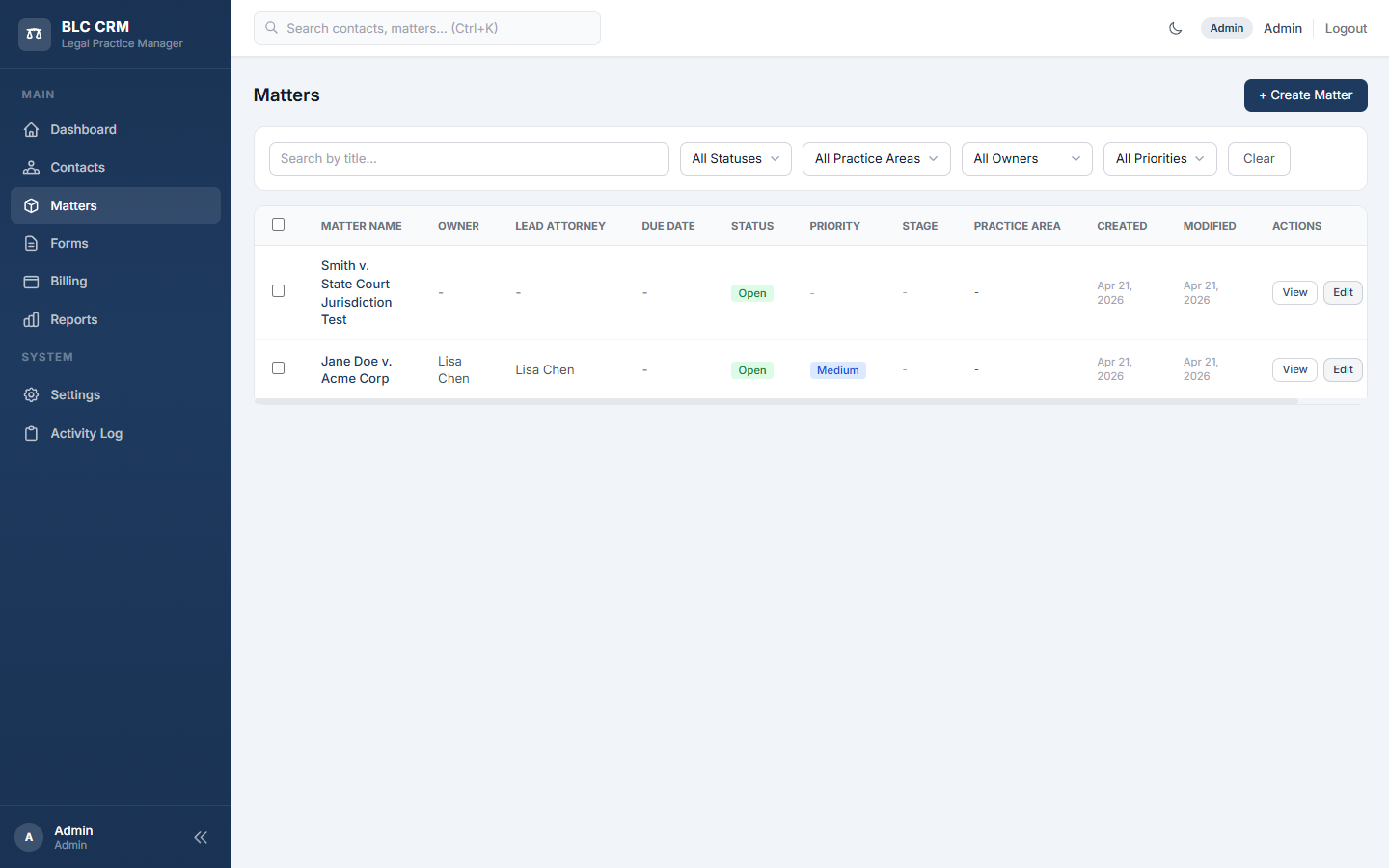 Matters list with filters for status, practice area, owner, and priority