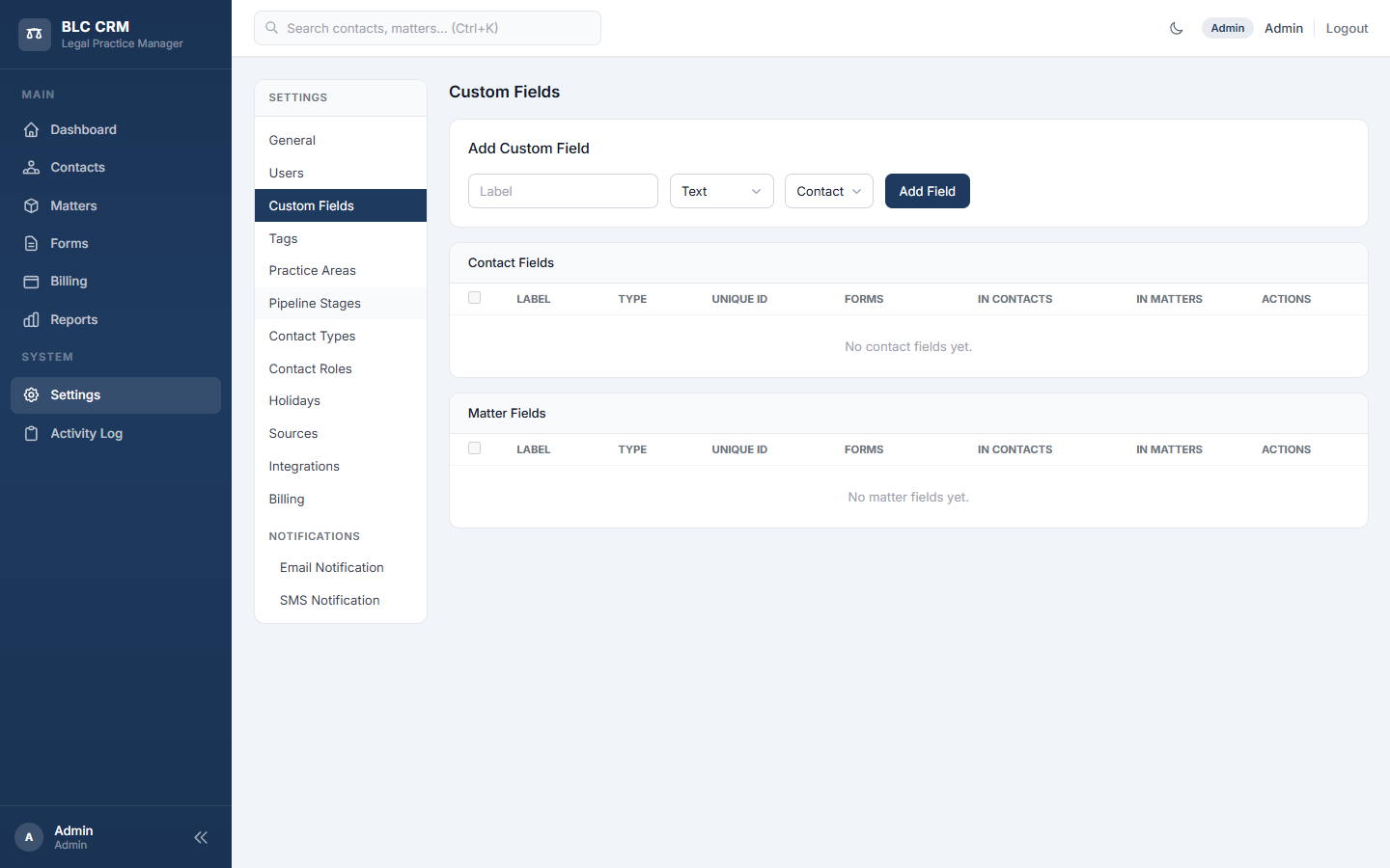 Settings area with left-hand settings menu and Custom Fields page shown