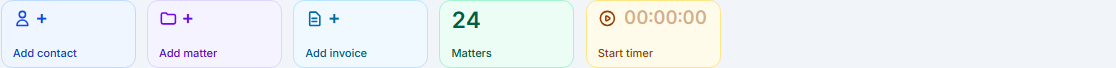 The Shortcuts strip: Add contact, Add matter, Add invoice, the Matters count and Start timer