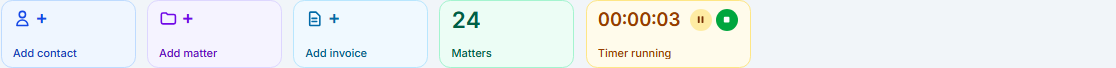 The Shortcuts strip while a timer runs: the live clock with Pause and Stop on the Timer tile