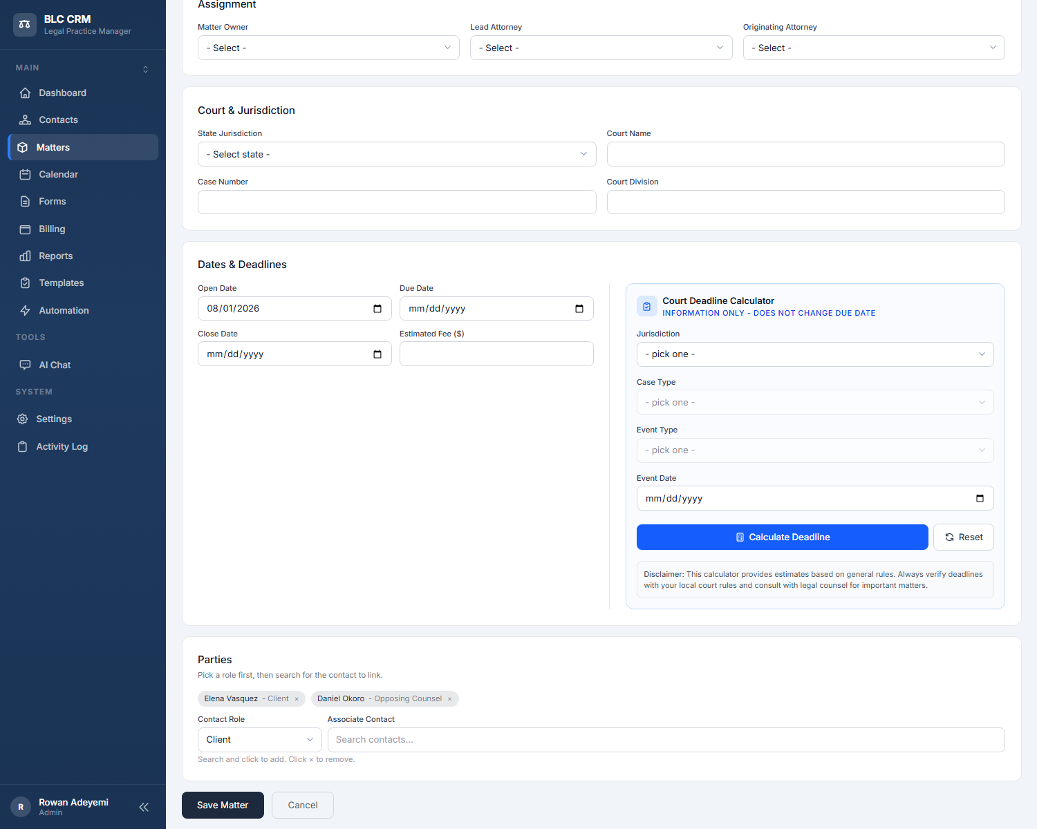 The matter form with Elena Vasquez and Daniel Okoro linked by role in the contact picker
