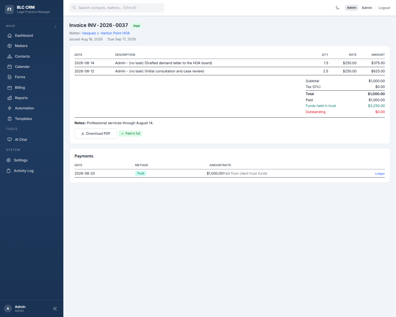 The sample invoice paid in full from trust, with the Trust badge on the payment and the remaining funds held in trust
