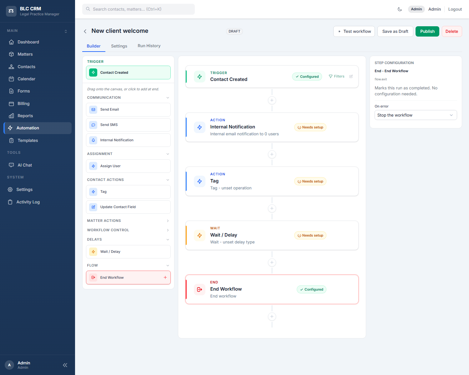 The sample workflow in the builder with four steps on the canvas