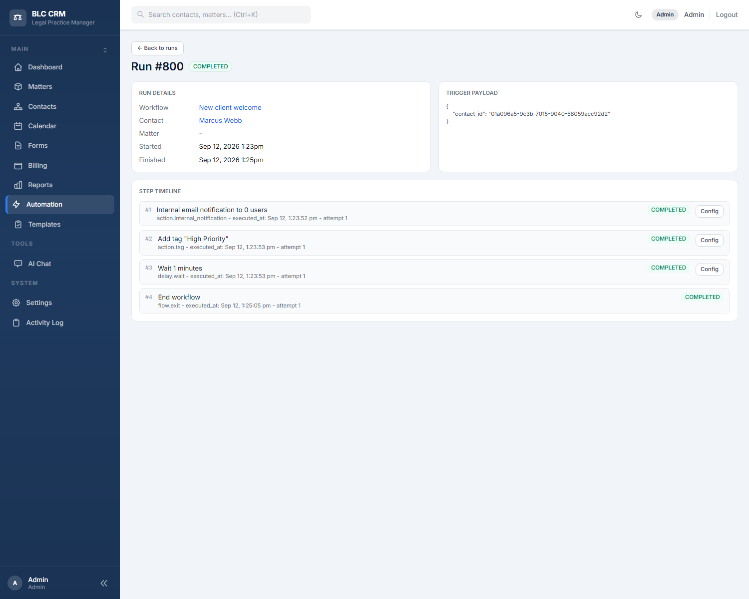 A completed run's detail page listing every step with its status