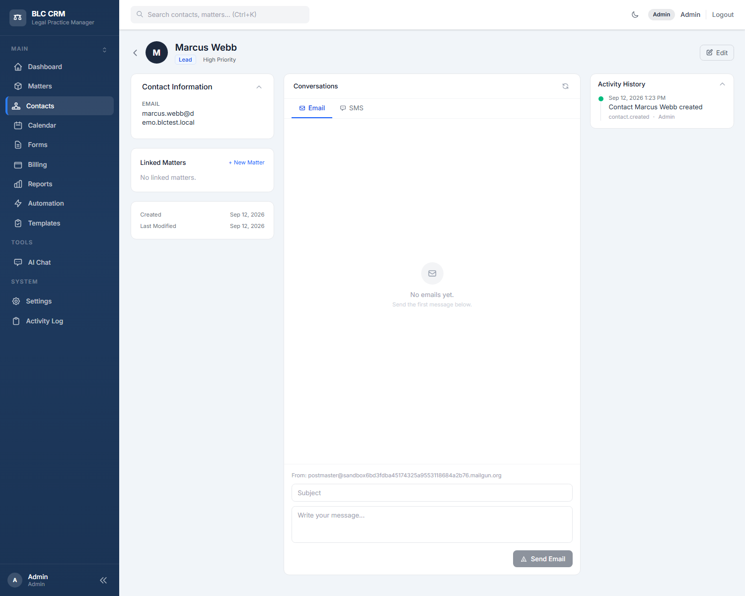 The new contact's page showing the High Priority tag the workflow applied
