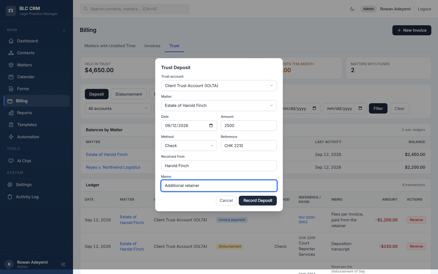 The deposit modal: account, matter, amount, date, method, reference, who it came from, memo
