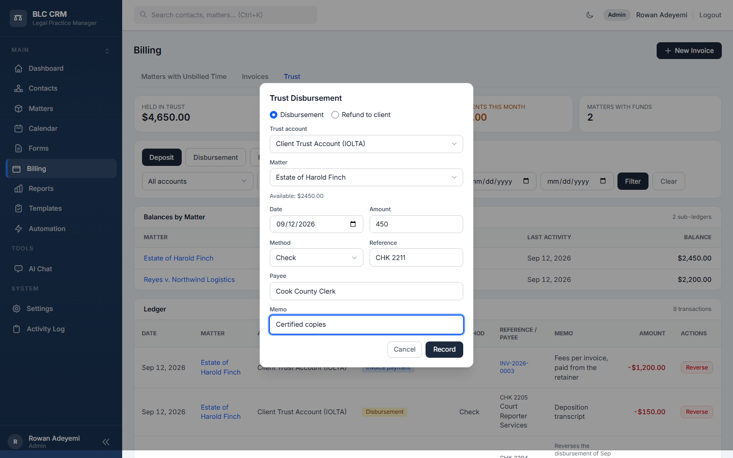The disbursement modal showing the available balance for the matter