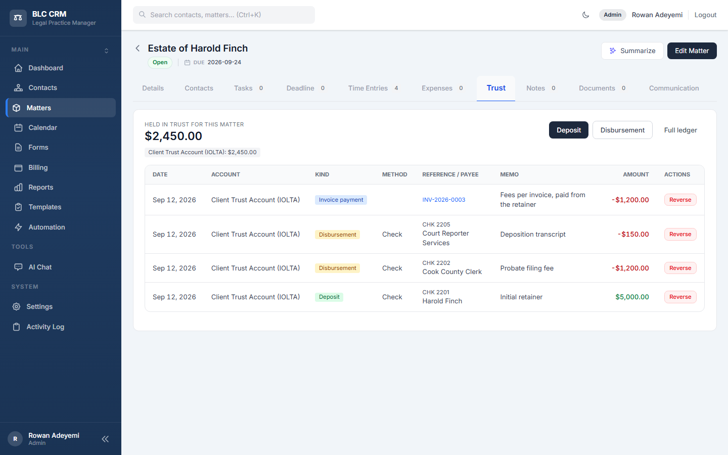 A matter's Trust tab with the balance held and its own ledger