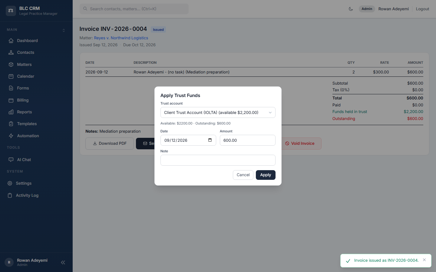 The Apply Trust Funds modal on an issued invoice, prefilled with the amount that can be applied