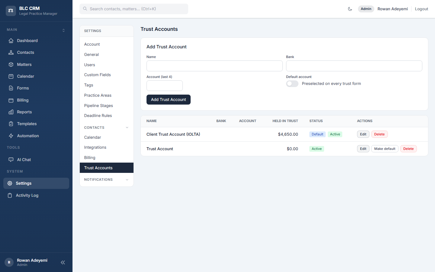 Settings Trust Accounts with the default account and its balance